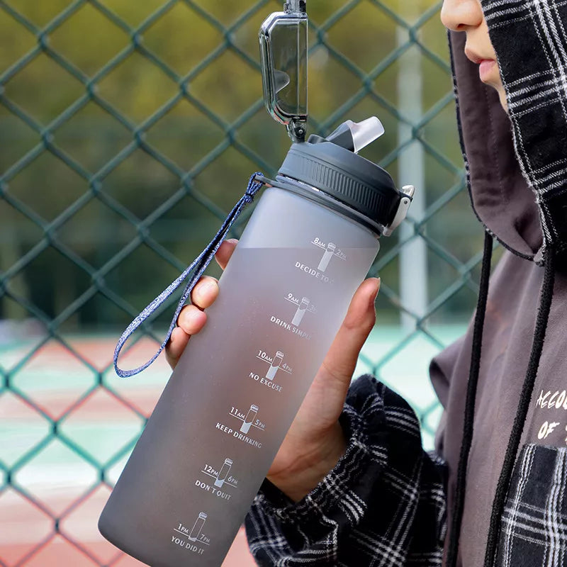 Sports Gradient Water Bottle Outdoor Time Marker Frosted Straw Cup Large Scale Fitness Workouts