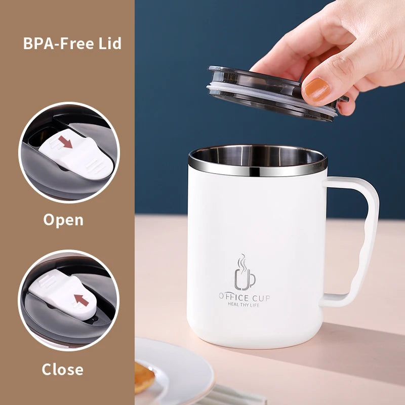 Stainless Steel Double Layer Coffee Cup With Plastic Lid And Handle
