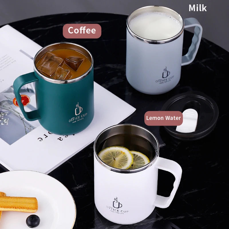 Stainless Steel Double Layer Coffee Cup With Plastic Lid And Handle