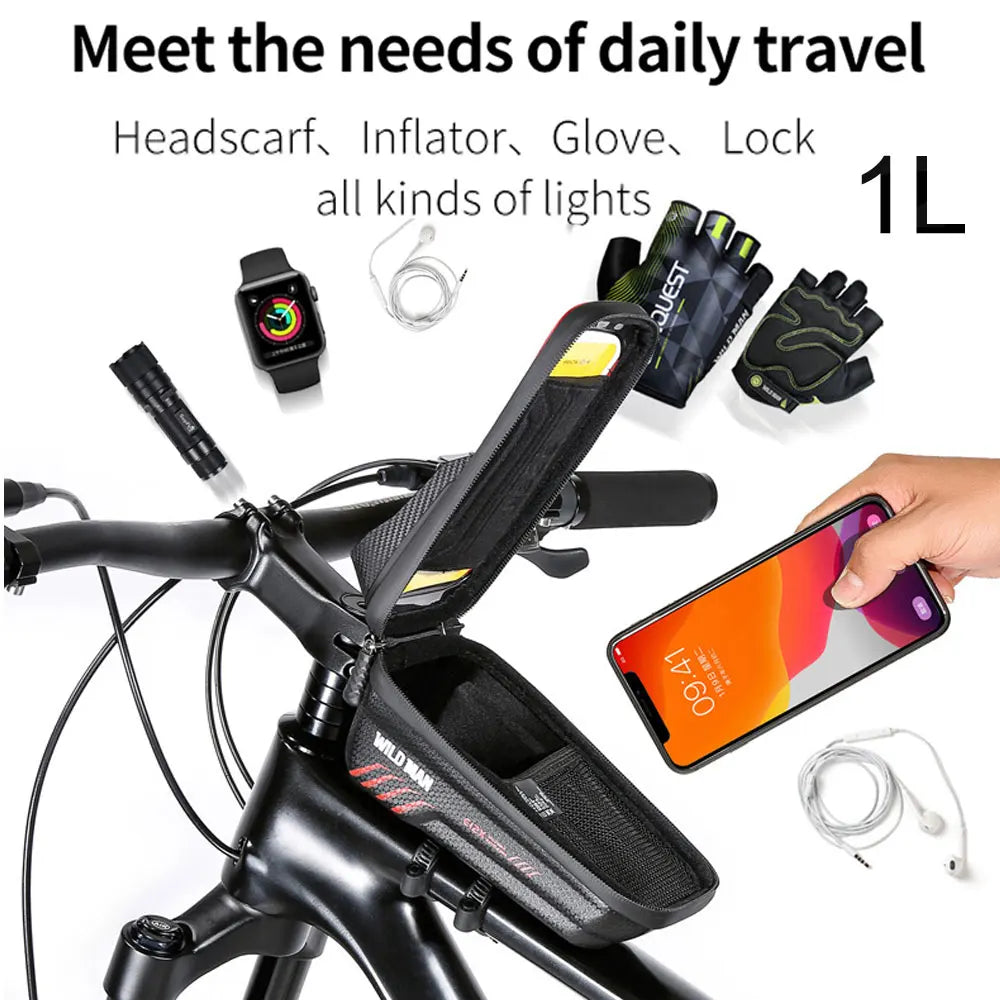 WILD MAN 2L Waterproof Bike Bag with 7.4-Inch Touch Screen Phone Holder - Frame Front Tube Cycling Bag & Accessories