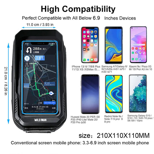 WILD MAN 2L Waterproof Bike Bag with 7.4-Inch Touch Screen Phone Holder - Frame Front Tube Cycling Bag & Accessories