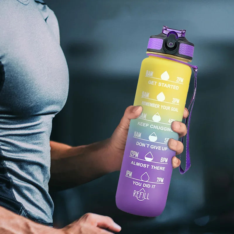 Sports Gradient Water Bottle Outdoor Time Marker Frosted Straw Cup Large Scale Fitness Workouts