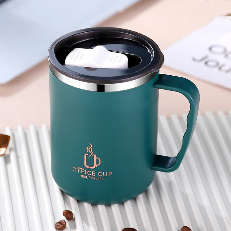 Stainless Steel Double Layer Coffee Cup With Plastic Lid And Handle