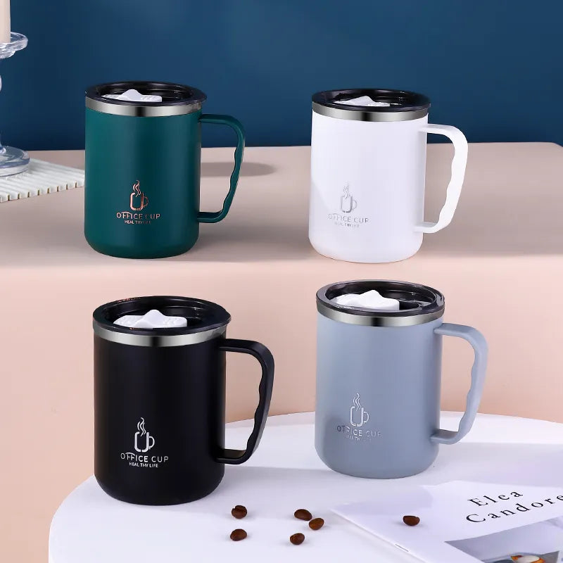 Stainless Steel Double Layer Coffee Cup With Plastic Lid And Handle