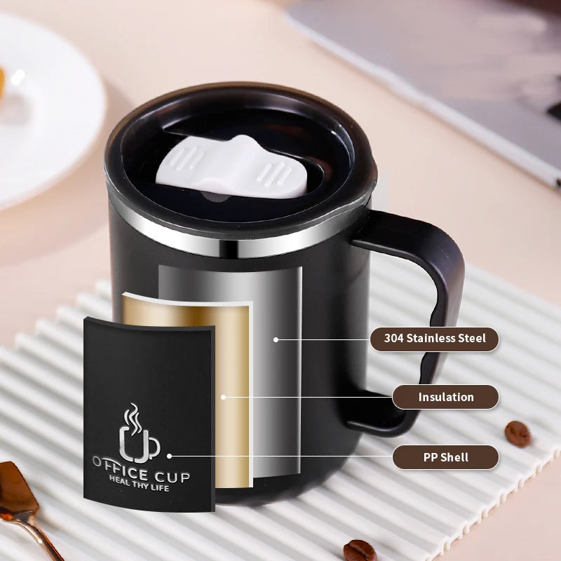 Stainless Steel Double Layer Coffee Cup With Plastic Lid And Handle