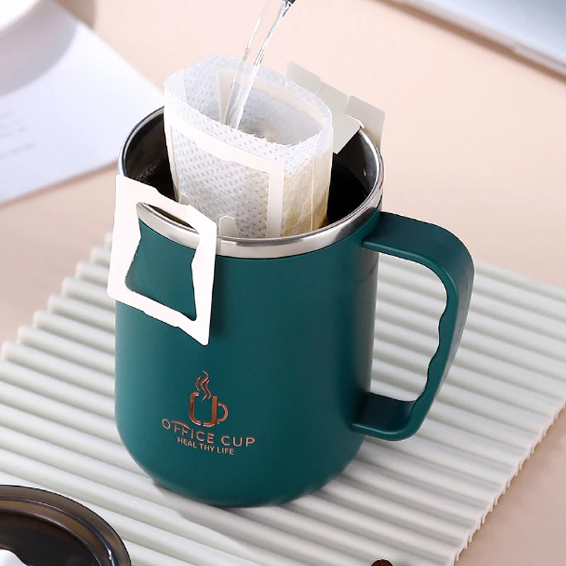 Stainless Steel Double Layer Coffee Cup With Plastic Lid And Handle