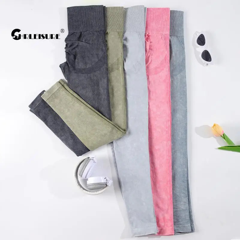 CHRLEISURE Washed Yoga Pants Women Seamless Fitness Leggings Running Tights Elastic Athletic Legging Gym Activewear