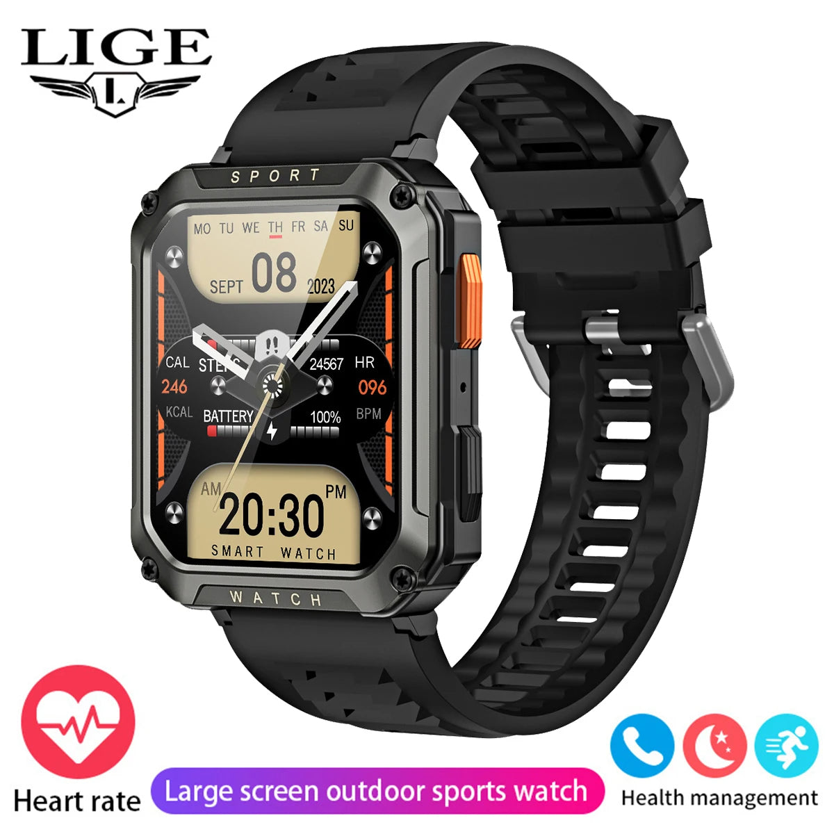 LIGE 1.95inch Outdoor Military Smart Watch Men Bluetooth Call Smartwatch For Android IOS IP68 Waterproof Sports Ftiness Watch