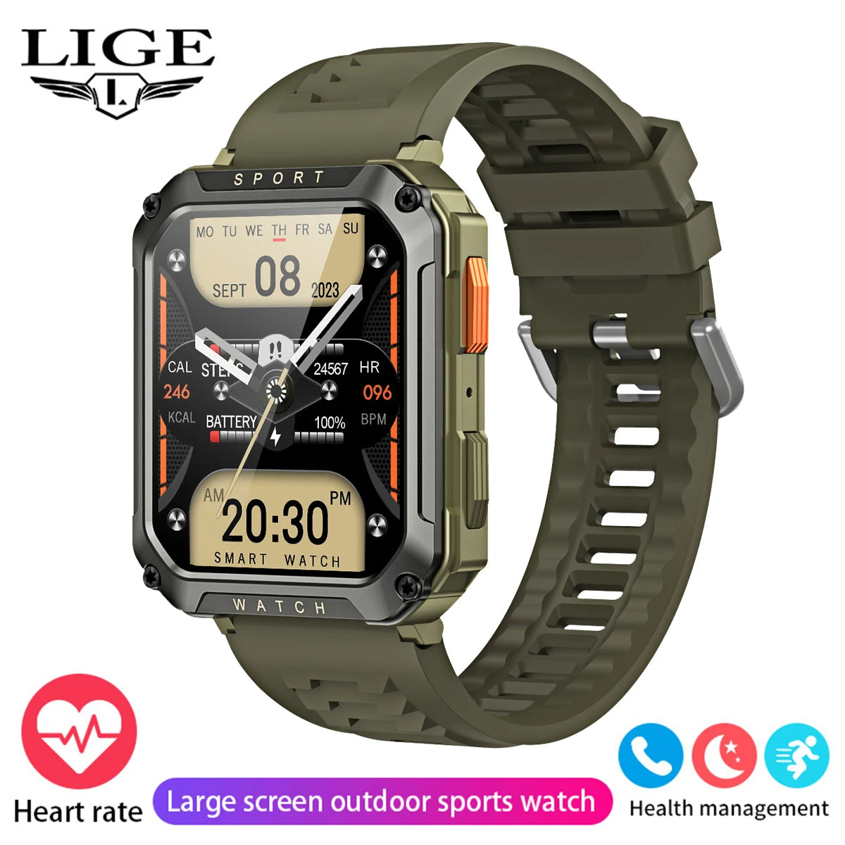 LIGE 1.95inch Outdoor Military Smart Watch Men Bluetooth Call Smartwatch For Android IOS IP68 Waterproof Sports Ftiness Watch