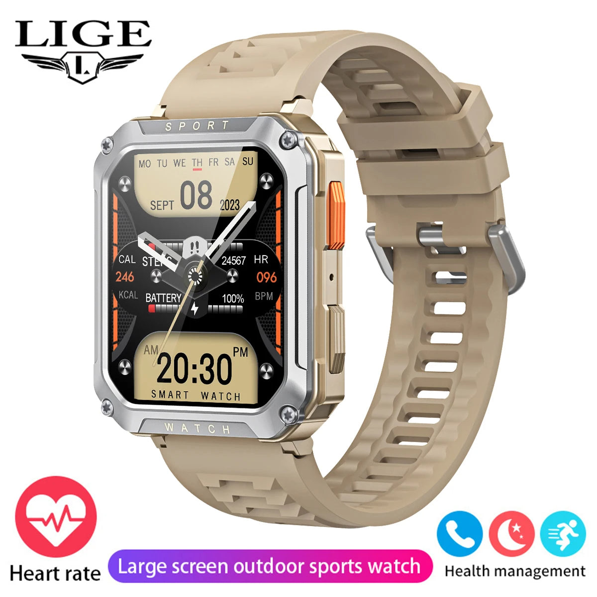 LIGE 1.95inch Outdoor Military Smart Watch Men Bluetooth Call Smartwatch For Android IOS IP68 Waterproof Sports Ftiness Watch