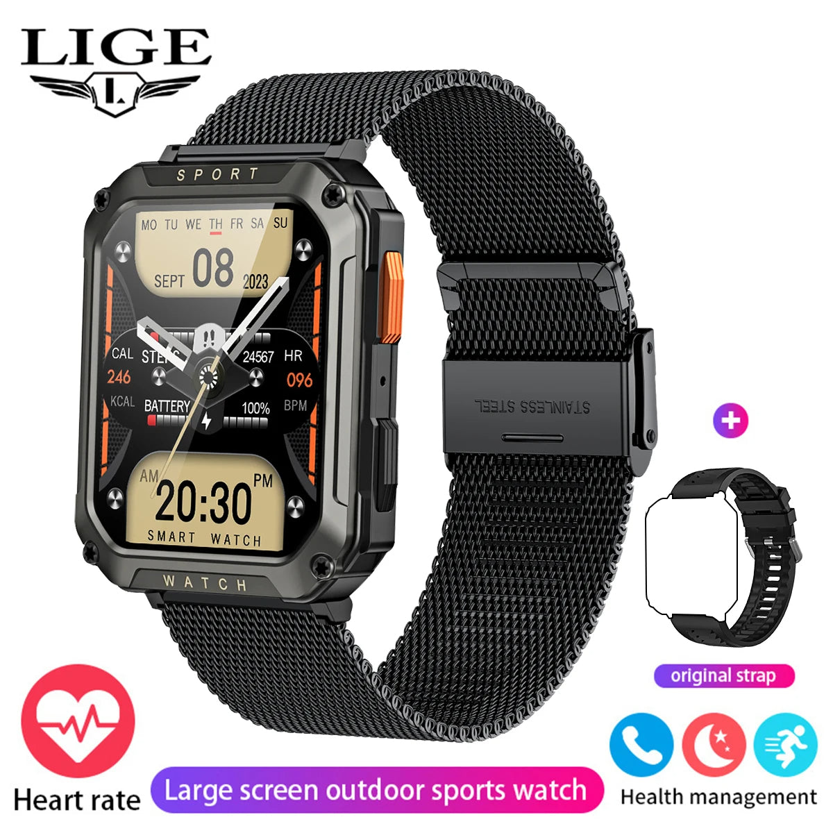 LIGE 1.95inch Outdoor Military Smart Watch Men Bluetooth Call Smartwatch For Android IOS IP68 Waterproof Sports Ftiness Watch