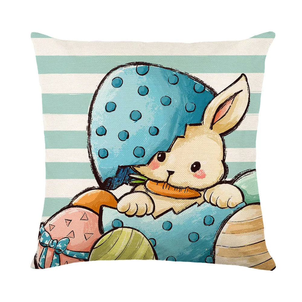 Easter Decorations Pillow Cover Cute Bunny Eggs Linen Pillow Case Easter Bunnies Print Cushion Cover Home Decor