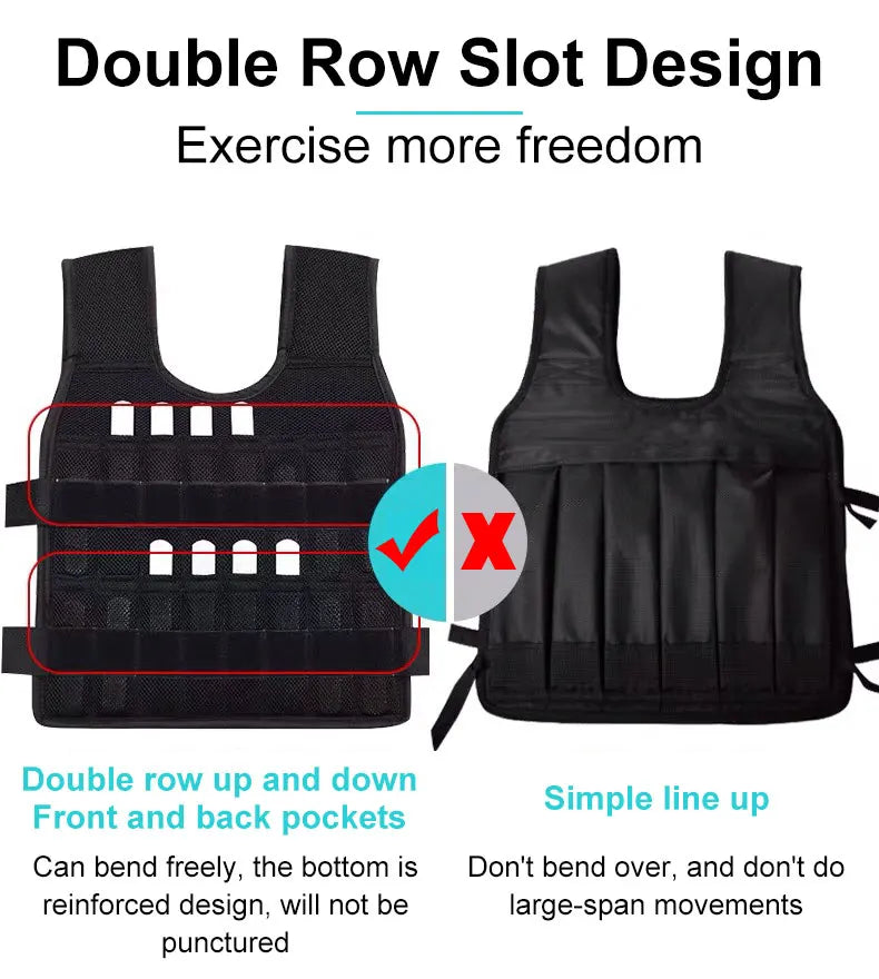 Black weighted vest with double row slot design features and text explaining benefits.