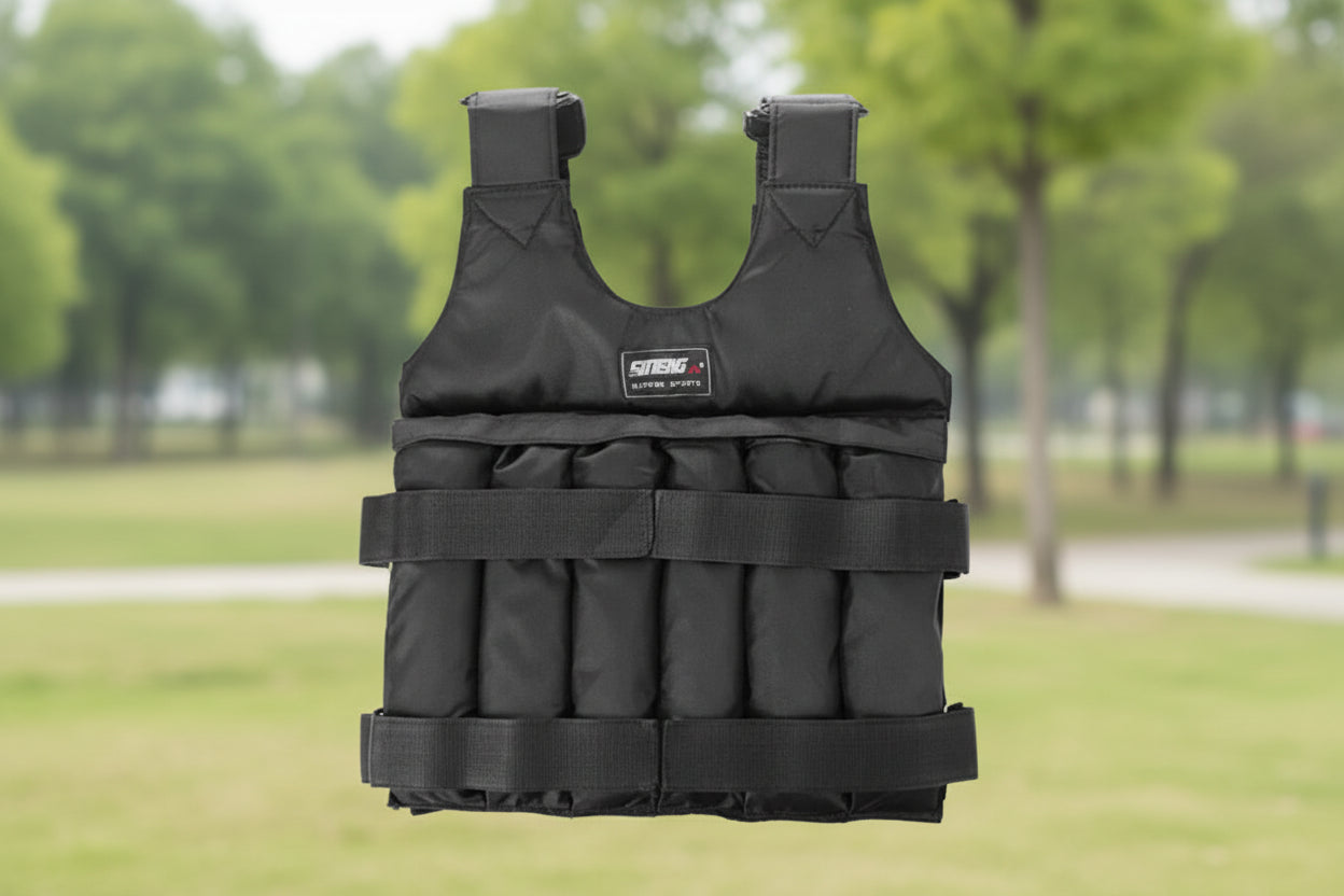 Black weighted vest with text indicating maximum loading capacity on a white background