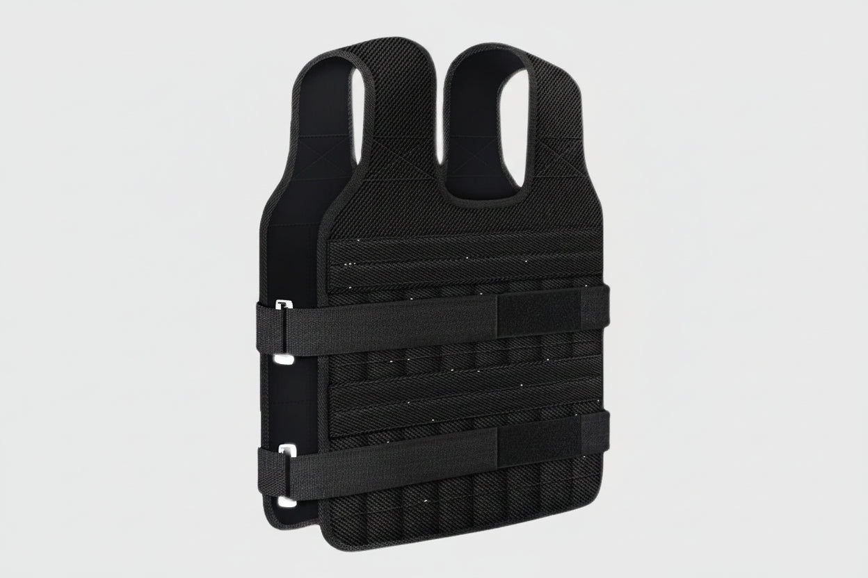 Black tactical vest on a light gray background