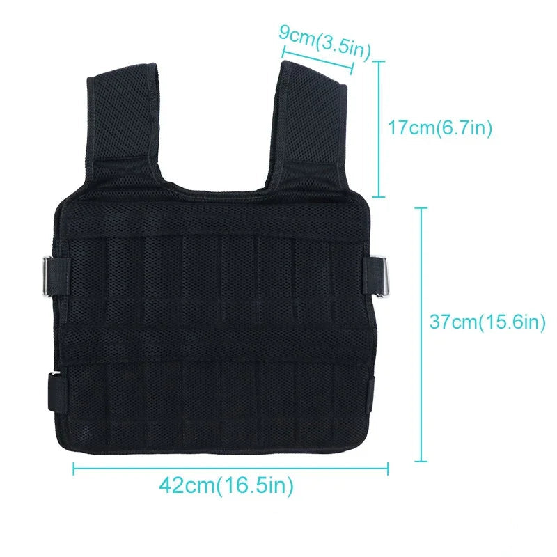 Black tactical vest with measurements on a white background