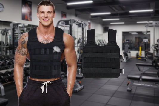 Man wearing a black weighted vest with a close-up of the vest on a white background