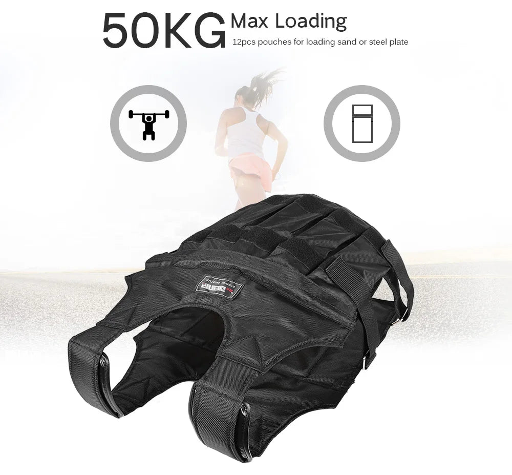 Black weighted vest with 50KG max loading capacity on a white background