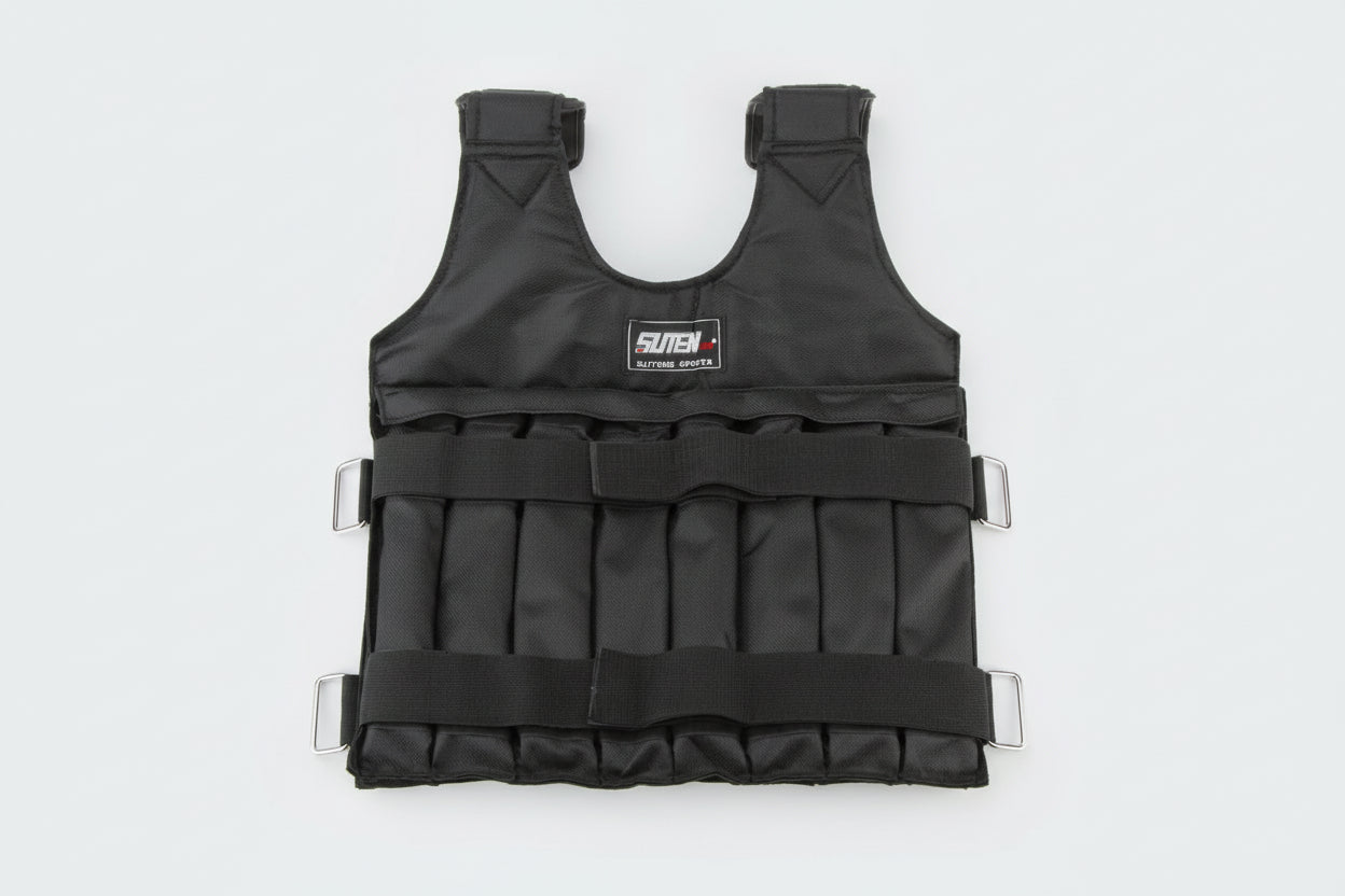 Black weighted vest on a white background