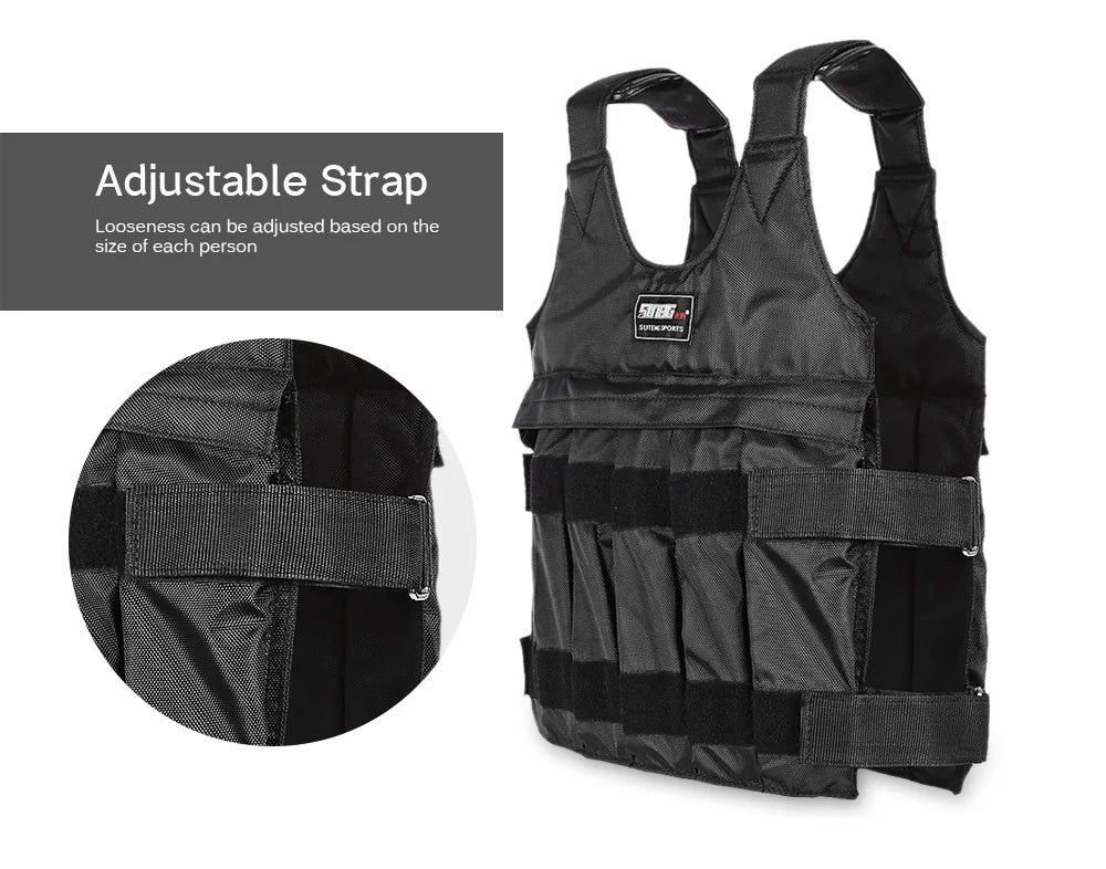 Black adjustable weight vest with an inset showing the strap detail on a white background.