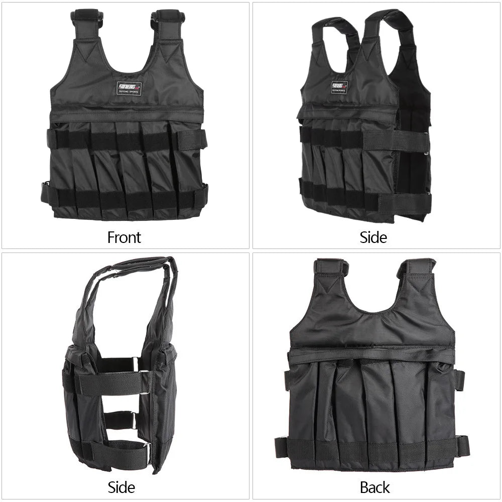Black tactical vest shown from front, side, and back views on a white background.