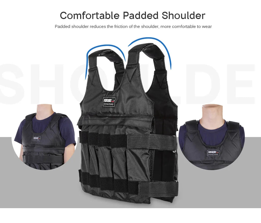 Black weighted vest with padded shoulder design on a white background