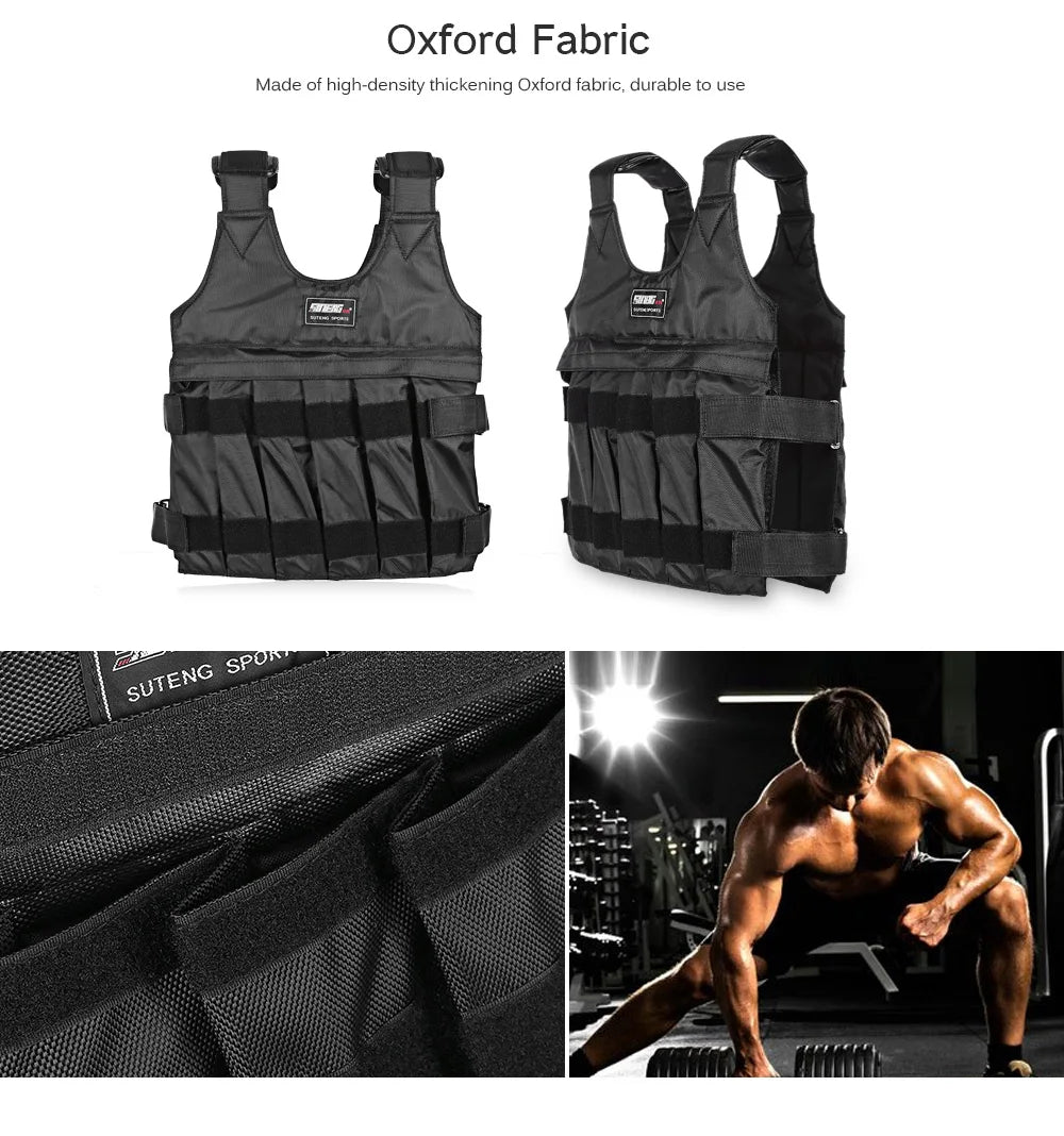 Black weighted vest with Oxford fabric description, close-up of fabric texture, and a person using the vest in a gym.