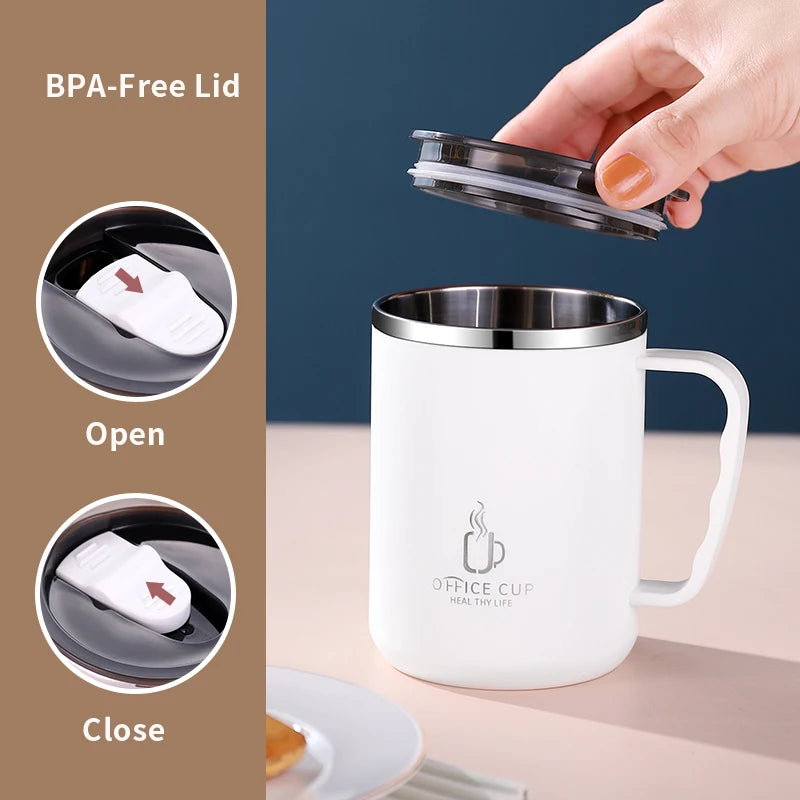 500ml/17oz 304 Stainless Steel Double Layer Coffee Cup With Plastic Lid And Handle