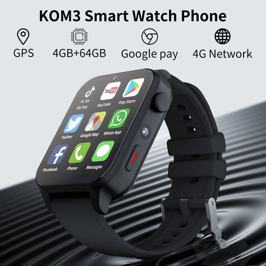 KOM3 4G Smart Watch Phone 4GB 64GB Android LTE GPS 1.99" HD Camera Google Play Store SIM Card Ultra Fitness for Men & Women