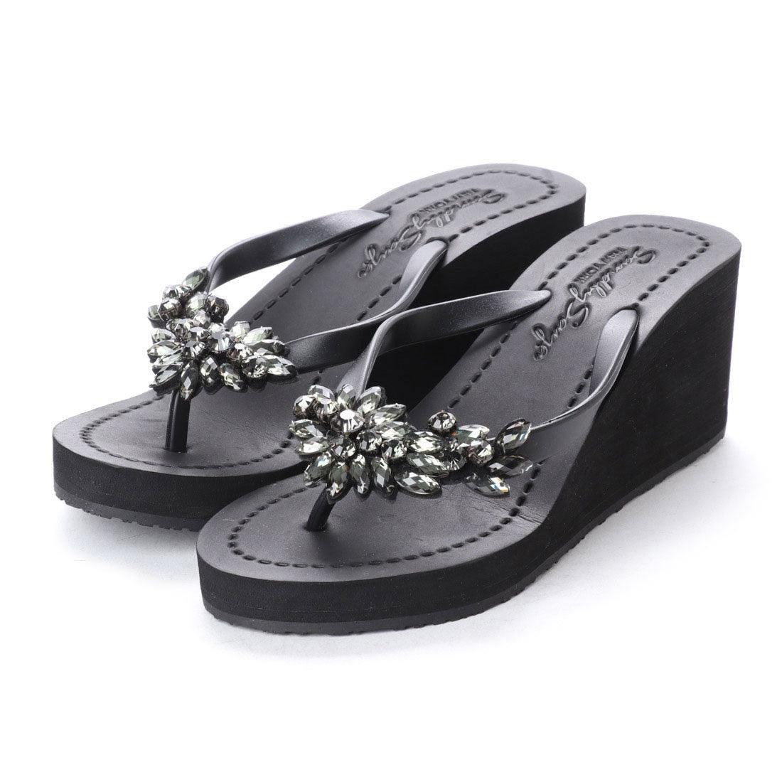Manhattan Black- Crystal Rhinestone Embellished High Wedge Flip Flops Sandal