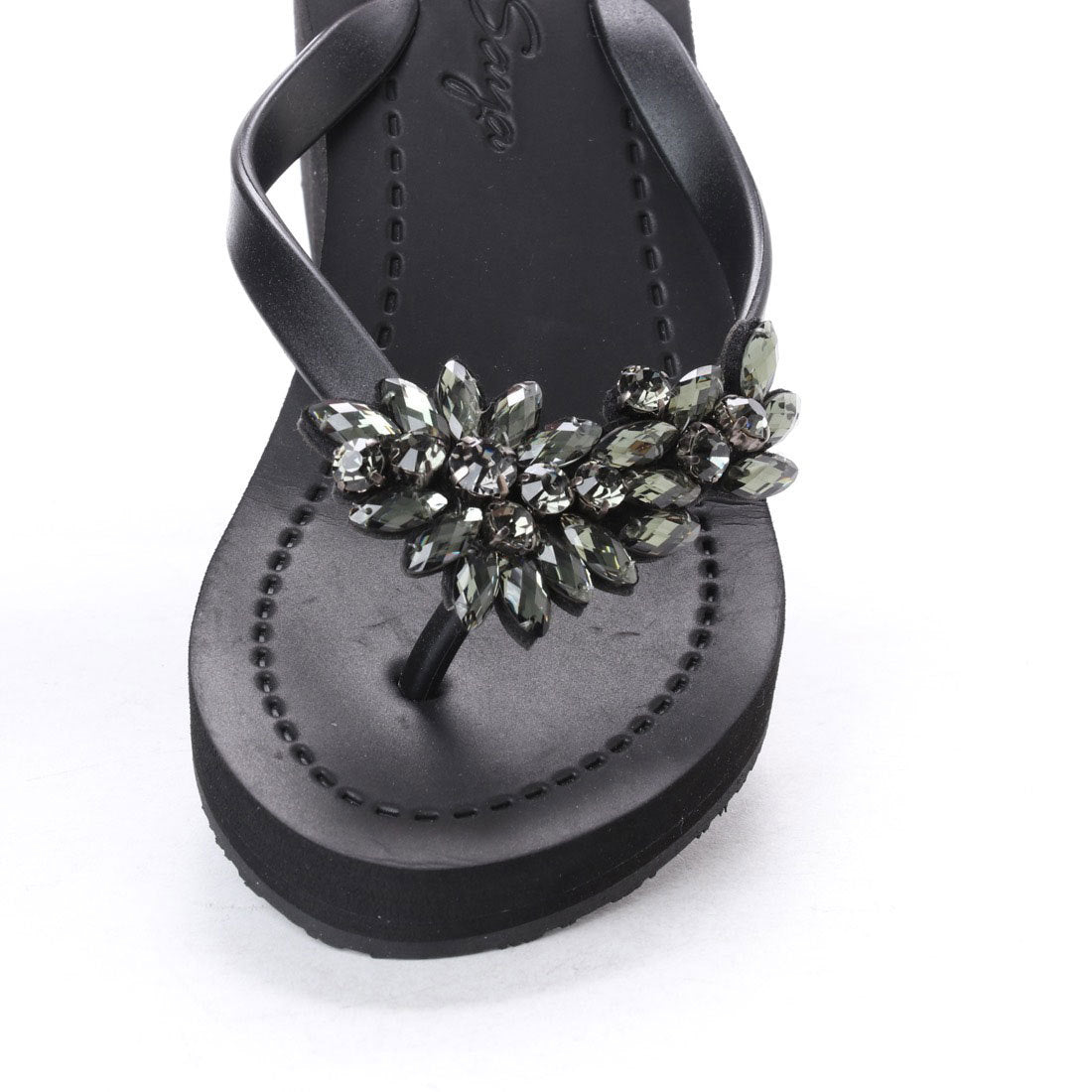Manhattan Black- Crystal Rhinestone Embellished High Wedge Flip Flops Sandal
